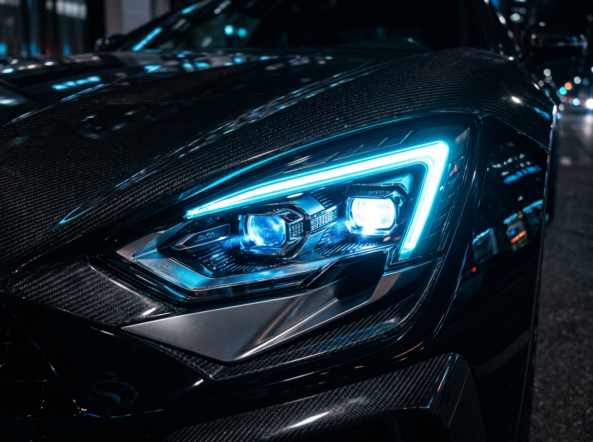 Close-up of a luxury car headlight and metallic body lines